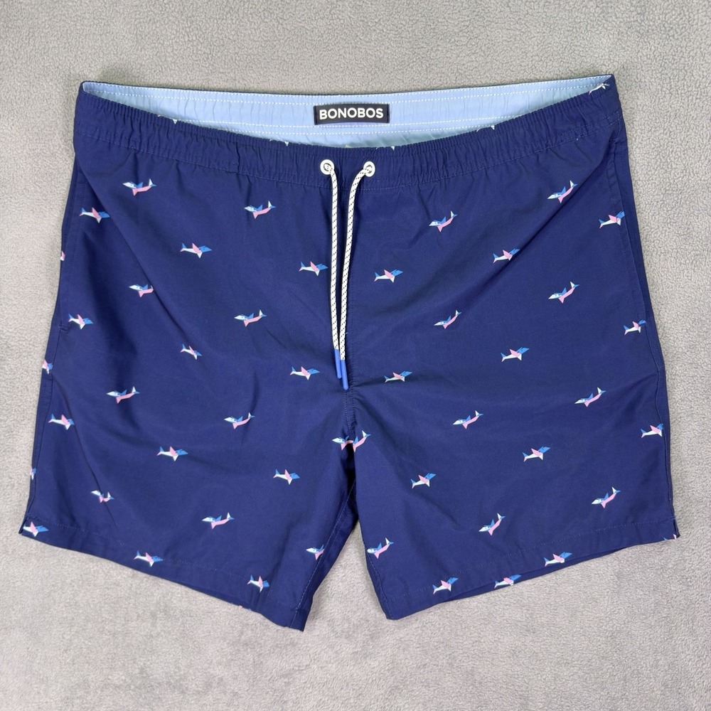 Bonobos Swim Trunks Shorts Mens Large Blue Sharks Drawstring Lined 7" Inseam
